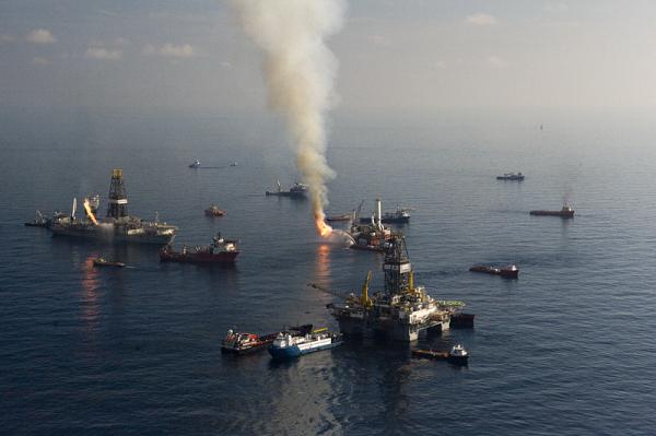 The Gulf in flames as rescue crews attempted to corral oil at the surface and burn it. Photo credit: © Carrie Vonderhaar, Ocean Futures Society