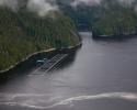 An areial view of the Glacier Falls fish farm. © Carrie Vonderhaar, Ocean Futures Society/KQED Salmon Farm