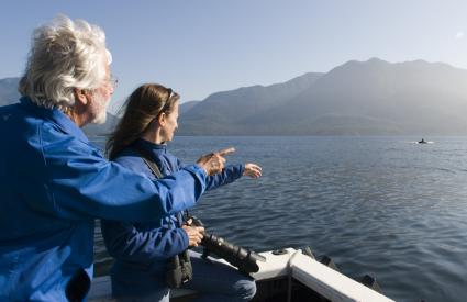 Jean-Michel and Céline Cousteau observe an Orca in Johnstone Strait, British Columbia